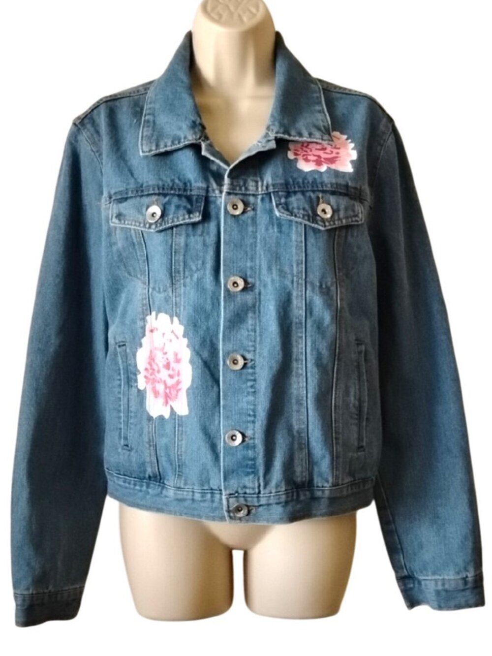 Cavalini Roses Jean Jacket L Blue Denim Floral